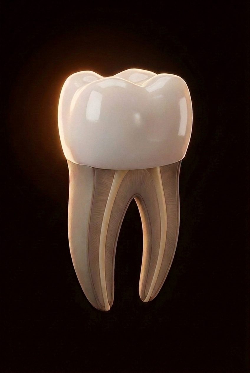 A root-canal-treated tooth, sealed and crowned
